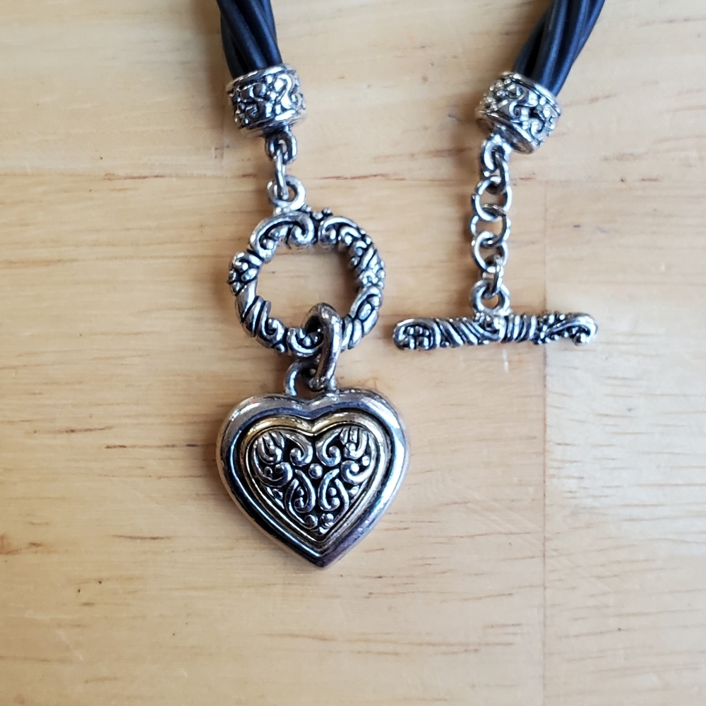 Scroll Heart bracelet silver and gold tone charm black rubber 7"